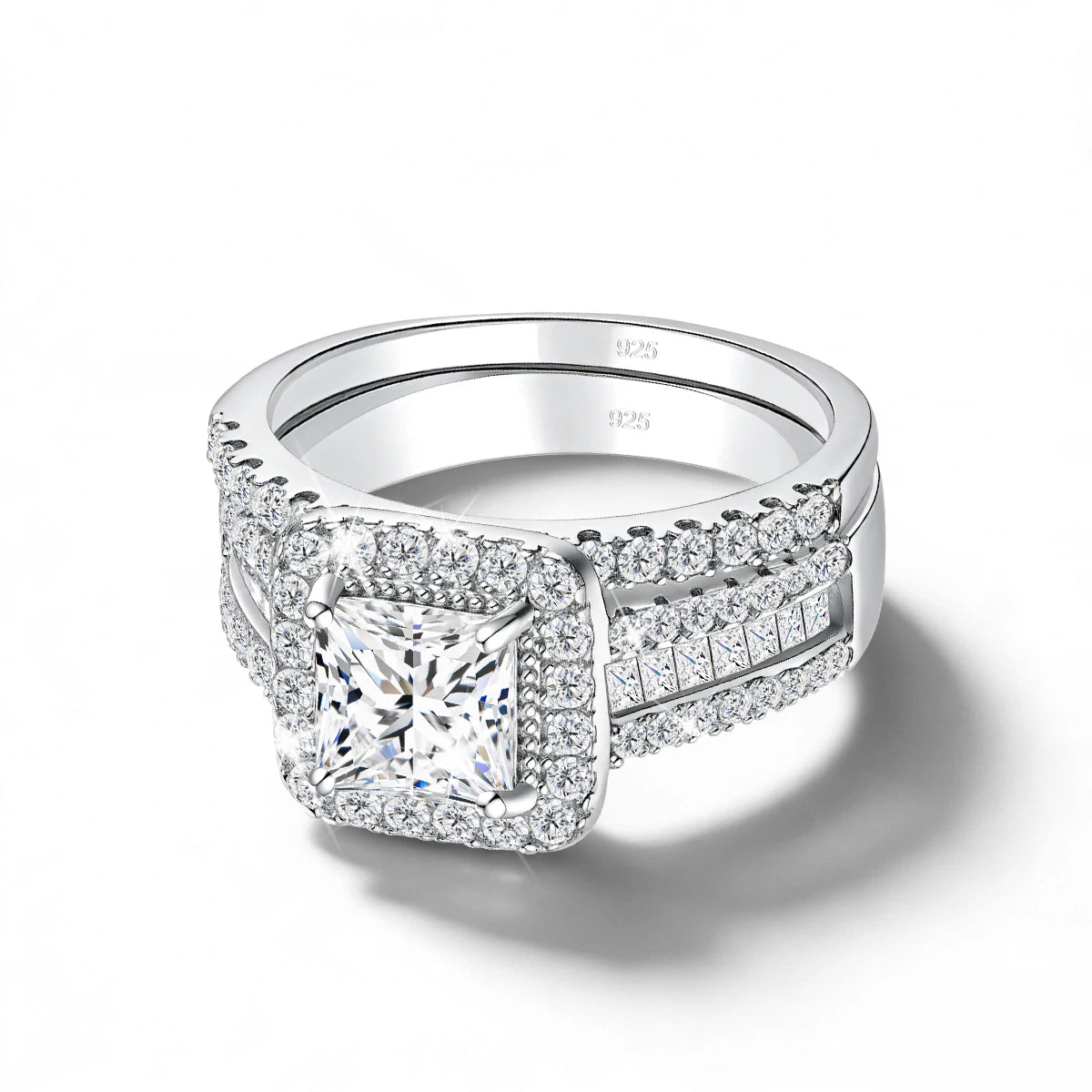Damen-2er-Verlobungsring-Set aus 925-Silber mit Moissanit im Prinzessin-Schnitt Halo-Design