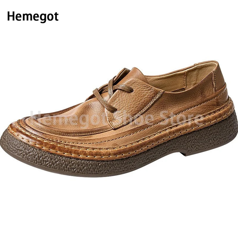 Herren-Lederschuhe, braun, Schnürschuh mit Retro-Ziernähten und flacher Sohle