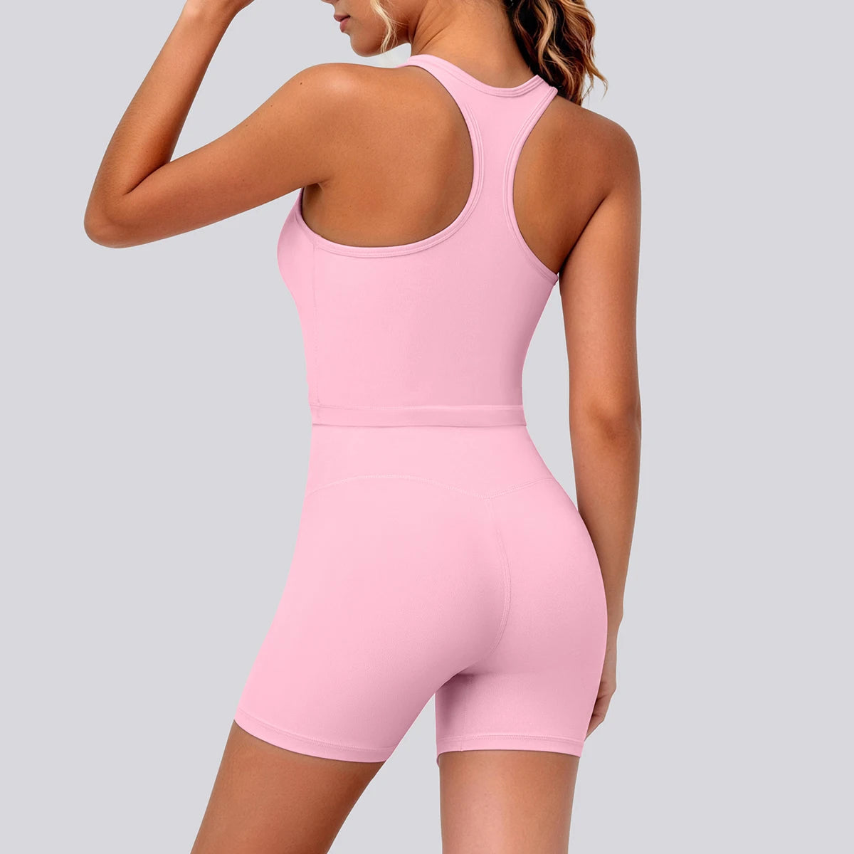 Damen Yoga-Set (2-teilig) in Rosa mit I-Rücken-Top und Shorts, Rückansicht