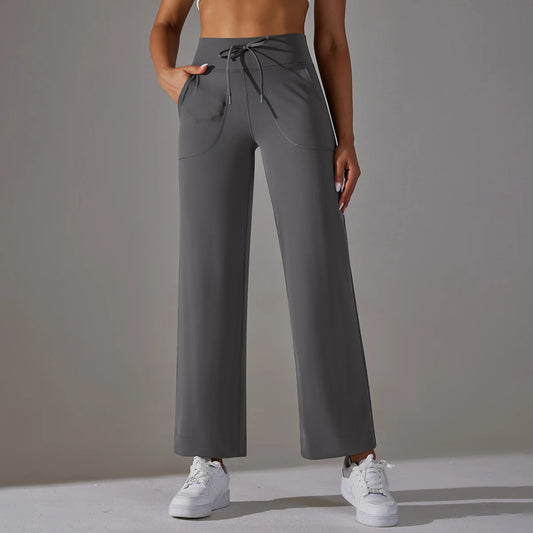 Damen-Leggings mit weitem Bein, hoher Taille und Taschen, dunkelgrau