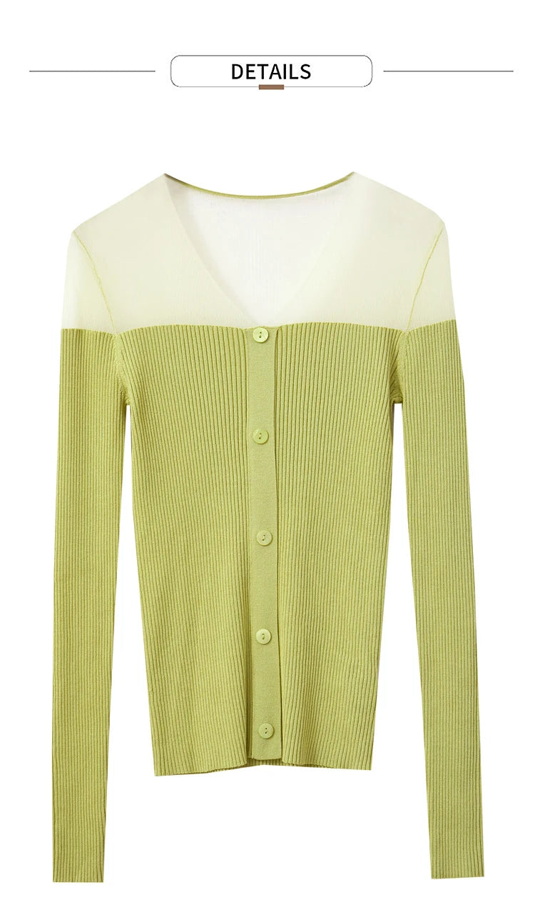 Damen-Pullover mit V-Ausschnitt und Knopfleiste, lange Ärmel, zweifarbig gelbgrün/hell