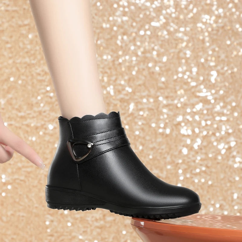 Damen Schneestiefel aus echtem Leder mit rutschfestem flachem Boden