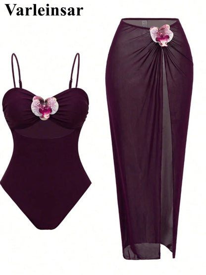 Damen Badeanzug 3D-Blumen Rock Monokini hoher Beinausschnitt Einteiler