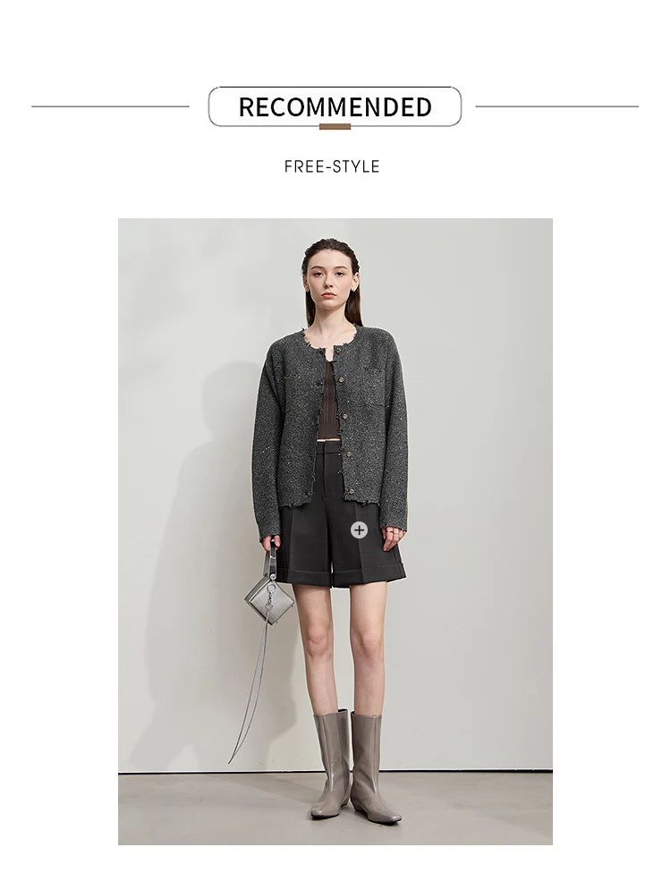 Damen-Strickjacke Rundhals englischer Stil einfarbig elegant Herbst