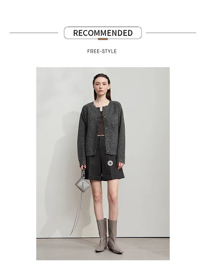 Damen-Strickjacke Rundhals englischer Stil einfarbig elegant Herbst