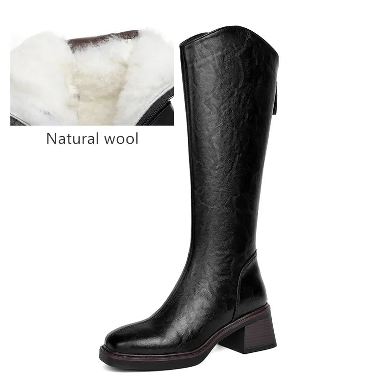 Women Winter Boots Genuine Leather Natural Wool Warm Female Knight Boots Square Toe Back Zipper Western Cowboy Boots Women