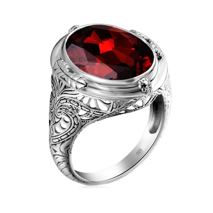 Unisex-Granat-Ring Großer Granatstein 14×18 mm Silber 925 Byzantinisches Design Feines Schmuckstück
