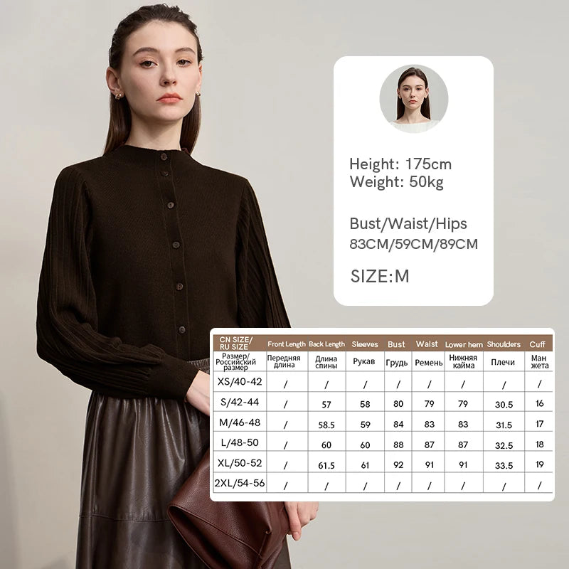 Damen-Strickjacke Slim halbhoher Kragen Laternenärmel Wolle-Mix Herbst