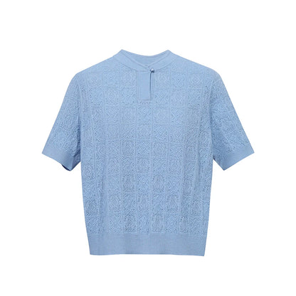 Hellblauer Strickpullover mit Stehkragen und Knopf, Kurzarm, Strukturmuster