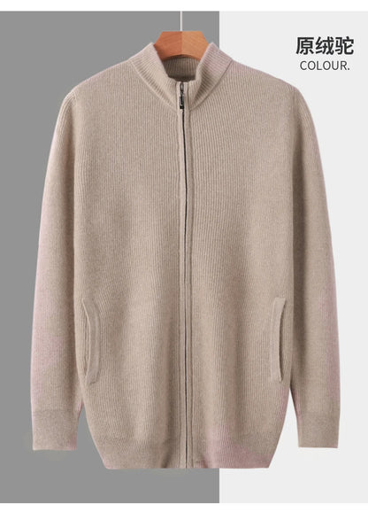 Stehkragen Reißverschluss Strickjacke Pullover Herrenmantel Business Casual Herbst Winter neue reine Wolle Strickjacke Männer Doppeltaschen