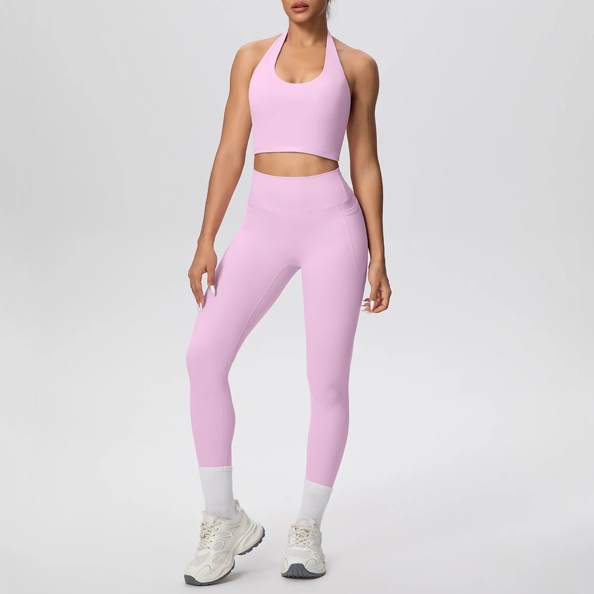 Lila Yogaset für Frauen: ärmelloser Sport-BH und lange Leggings im Set, Vorderansicht