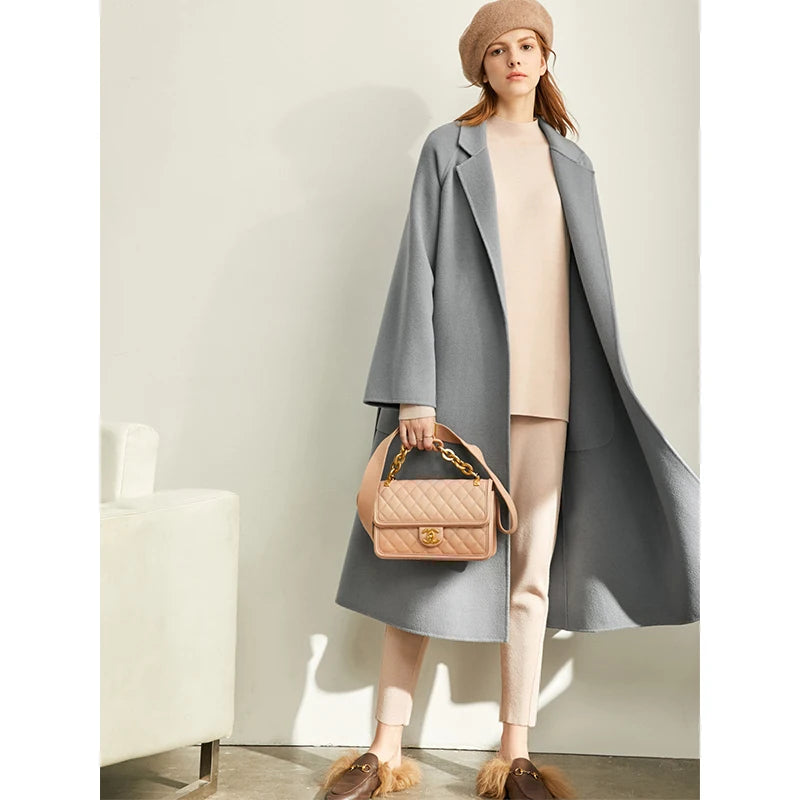 Damen Wollmantel im minimalistischen Stil mit Gürtel und Vintage-Blazer-Kragen