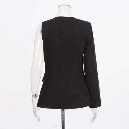 Zweiteiliges Damen-Set mit Reverskragen, langärmligem Patchwork-Blazer und hoch taillierter Hose – lässig und stilvoll