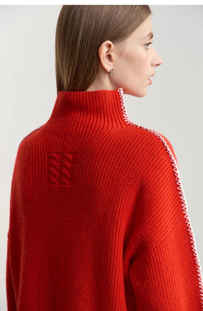 Damen-Rollkragenpullover Wolle Stickerei locker Weihnachten Winter