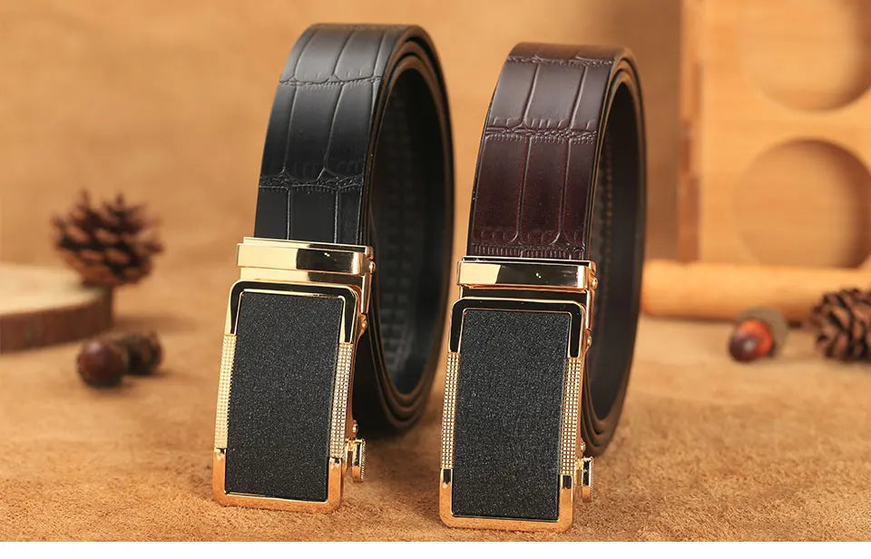 Herren Echtleder-Gürtel Krokodilmuster 3,5 cm Gold Automatik-Schnalle Rindsleder
