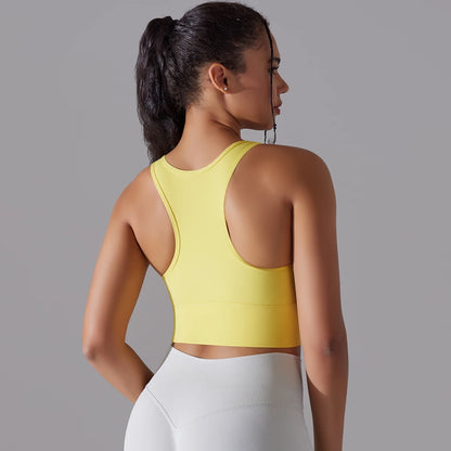Nylon-Yogatop für Frauen, Slim Fit, ärmellos, Rückenansicht, Gelb