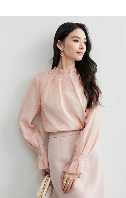 Elegante Vintage-Chiffonbluse mit Print und langen Ärmeln – lockerer Schnitt für Frühling und Herbst