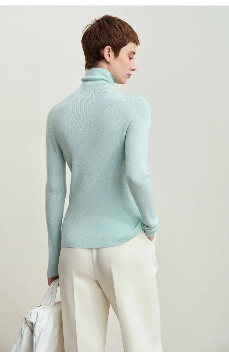 Damen-Rollkragenpullover 100 % Wolle Kammgarn schlank Winter