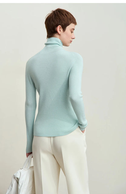 Damen-Rollkragenpullover 100 % Wolle Kammgarn schlank Winter