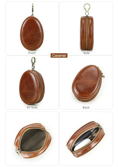 Braune ovale Leder-Münzbörse mit Schlüsselring, Metallöse und umlaufendem Reißverschluss