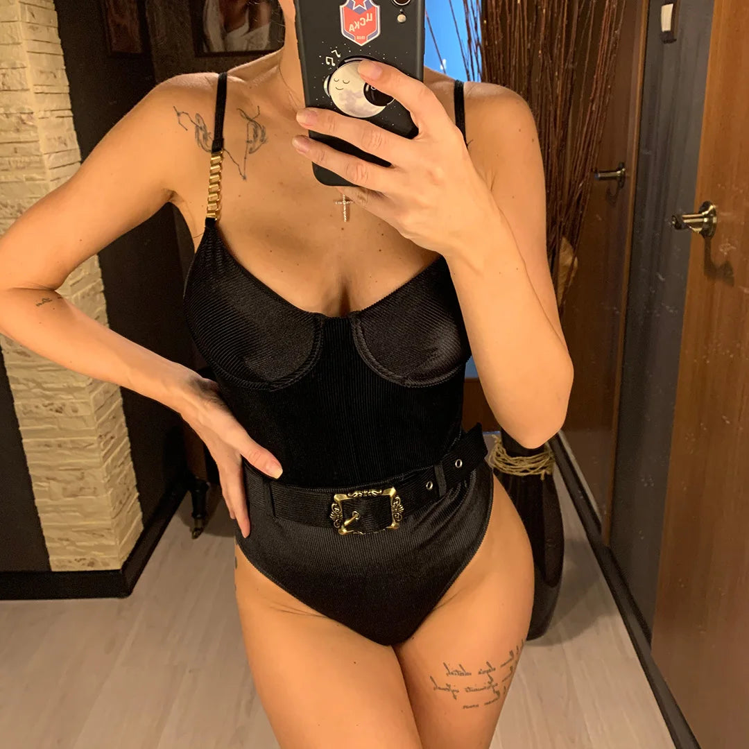 Damen-Badeanzug Rippe Gürtel High-Cut Bodysuit einteilig