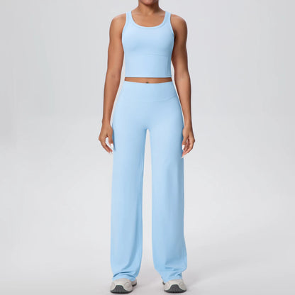 Schnelltrocknendes Yoga-Set mit cropped Tanktop und Schlaghose, hell (cremefarben)