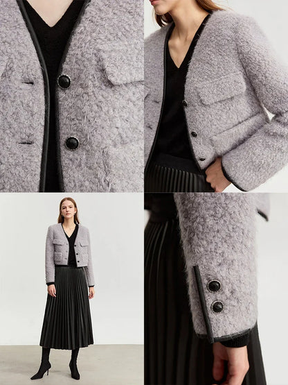 Damen Wollmantel im minimalistischen Design mit V-Ausschnitt und Taschen