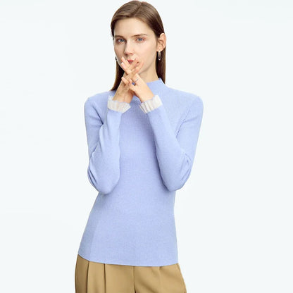 Damen-Rollkragen-Strickpullover, langarm, hellblau, schmaler Schnitt mit geripptem Strick