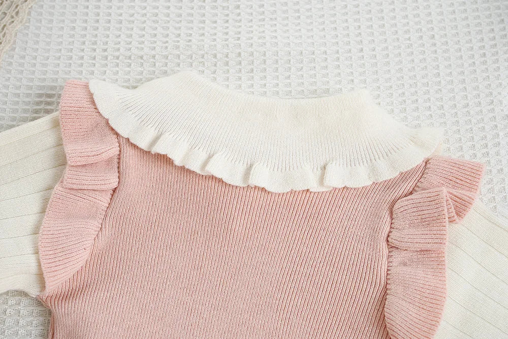 Mädchen Herbst-Strickkleid mit süßer Schleife im Farbblock-Design