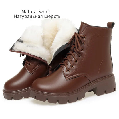 Winterstiefel Damen braun, Schnürung, weißes Wollfutter, dicke Profilsohle