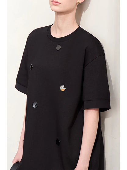 Damen T-Shirts im Minimalismus-Stil mit losem Patchwork und Dekoration