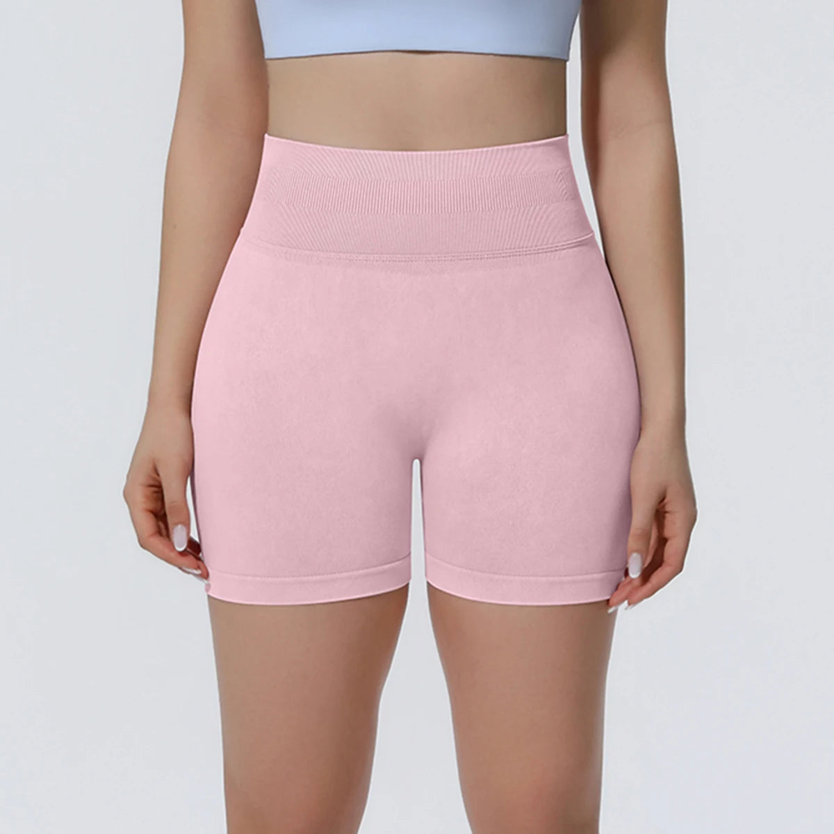 Athlevo nahtlose Yoga-Shorts rosé, Frontansicht, hoher Bund, eng anliegend