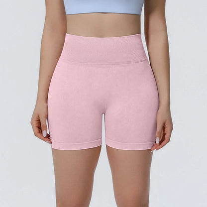 Athlevo nahtlose Yoga-Shorts rosé, Frontansicht, hoher Bund, eng anliegend