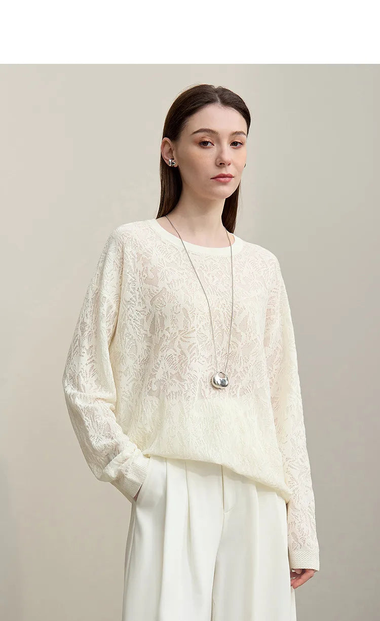 Damen-Rundhalspullover Jacquard Raglan locker lang Lyocell Frühling
