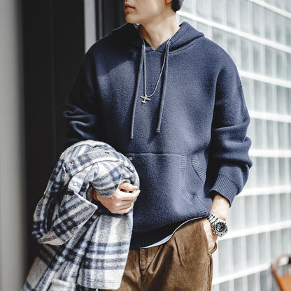 Herren Hoodie aus marineblauem Strick mit lässiger Kapuze für Outwear
