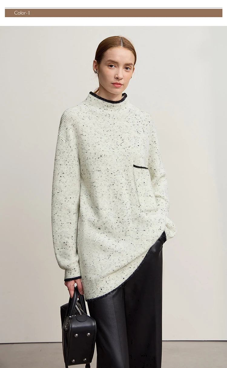 Damen-Rollkragenpullover Wolle dick locker lang Winter