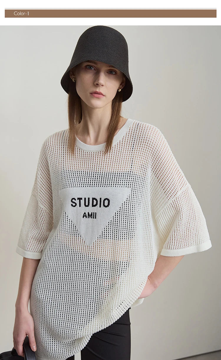 Damen-Rundhalspullover Buchstaben-Jacquard Halbarm locker Sommer