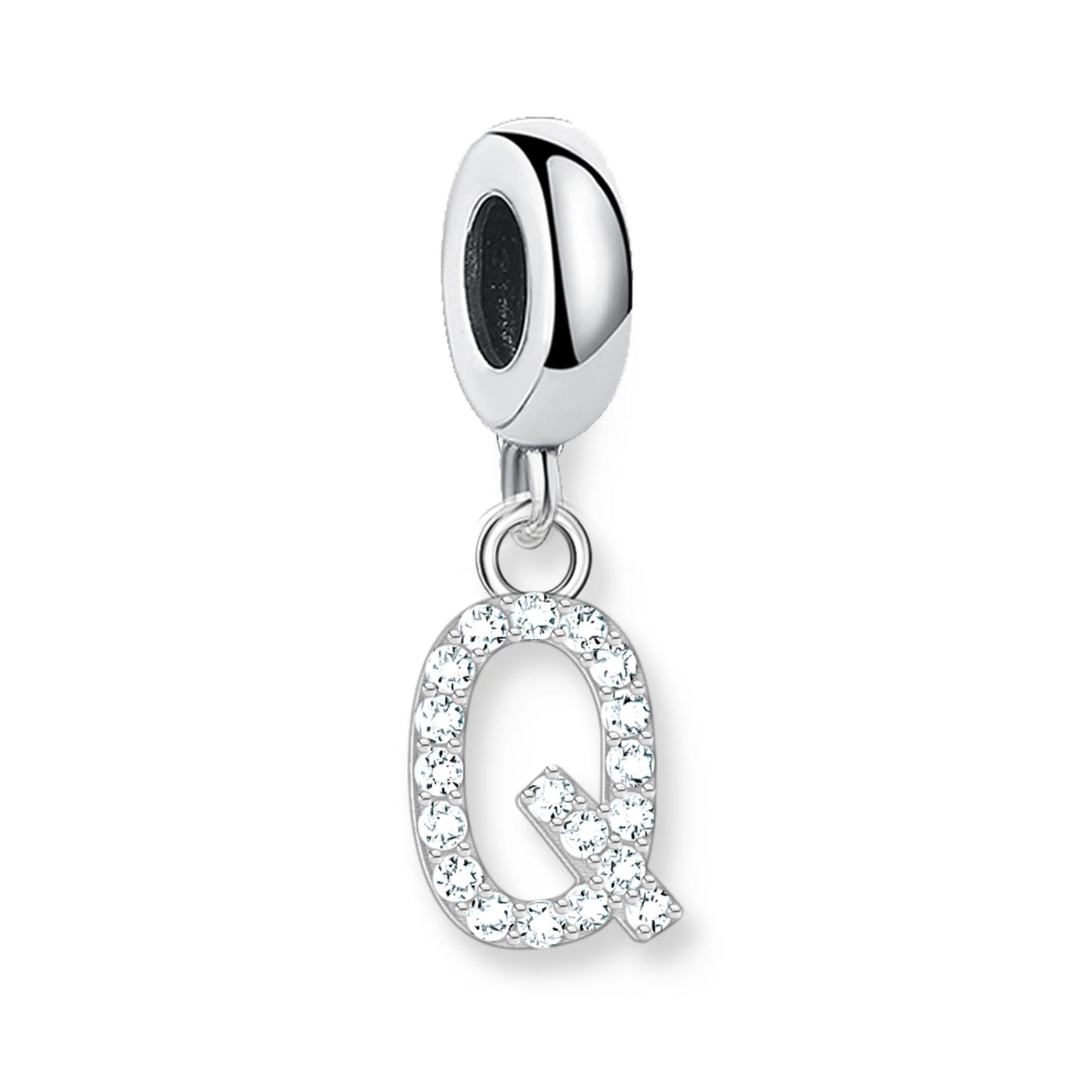 Baumelnder Buchstaben-Anhänger (Q) aus 925er Sterling Silber mit weißem Steinbesatz