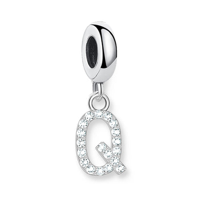 Baumelnder Buchstaben-Anhänger (Q) aus 925er Sterling Silber mit weißem Steinbesatz