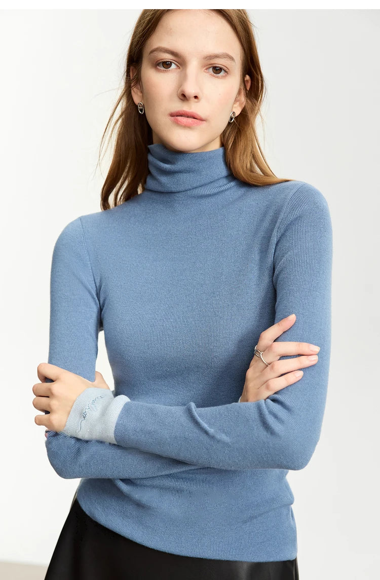 Damen-Rollkragenpullover Wolle Slim Patchwork-Splicing Herbst-Winter