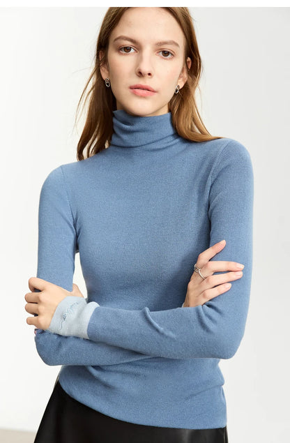 Damen-Rollkragenpullover Wolle Slim Patchwork-Splicing Herbst-Winter