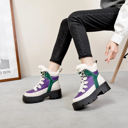 Damen-Snowboots lila-grün, weiße Front, Fellrand, Schnürstiefel, dicke Sohle