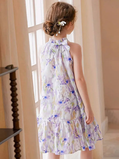 Sommerliches Mädchenkleid aus 100% Baumwolle mit kurzen Ärmeln und Tulpenblumenmuster – niedliche Freizeitkleidung für Kinder von 3 bis 14 Jahren