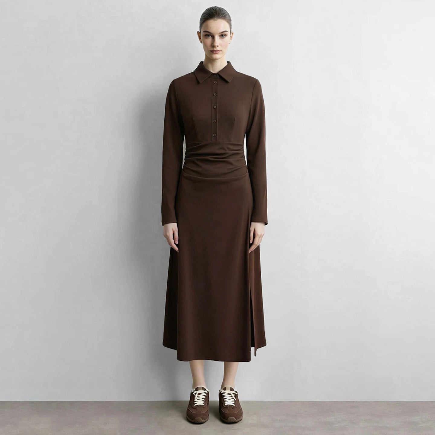 Elegantes Gestricktes Kleid Damen Knopfleiste Tailliert