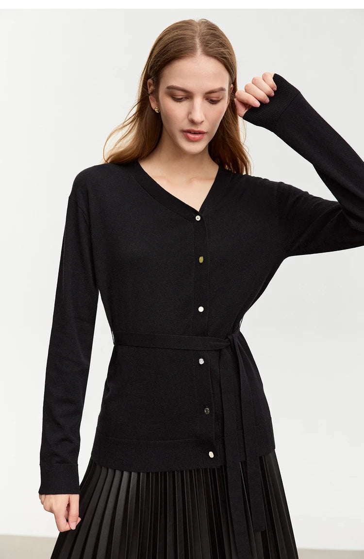 Damen-Strickjacke V-Ausschnitt chinesischer Stil Gürtel Langarm Herbst