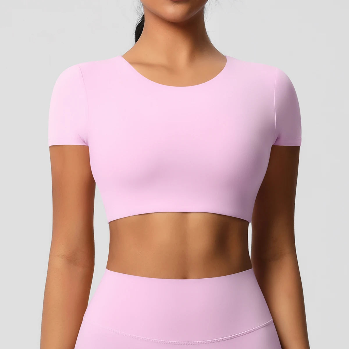 Workout-Top für Damen mit Brustpolstern, hellrosa, kurzarm, rundhalsausschnitt