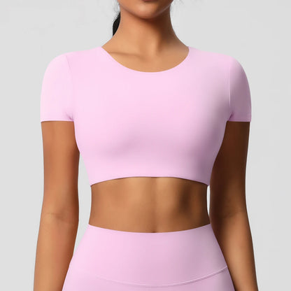 Workout-Top für Damen mit Brustpolstern, hellrosa, kurzarm, rundhalsausschnitt