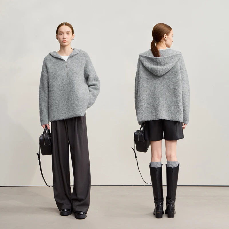 Damen-Kapuzenpullover Wolle Reißverschluss locker dick warm Winter