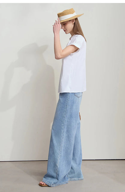 Damen Bluse im minimalistischen französischen Stil mit umlegekragen und gedrehten Falten