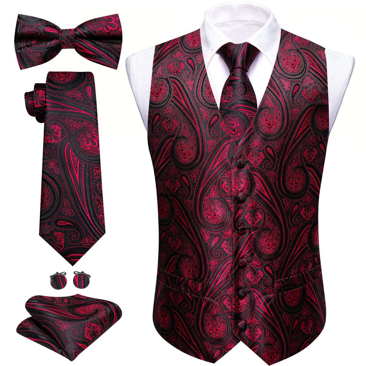 5-teiliges Business-Set: Anzugweste mit Paisley in Dunkelrot, dazu Krawatte, Fliege & Accessoires.